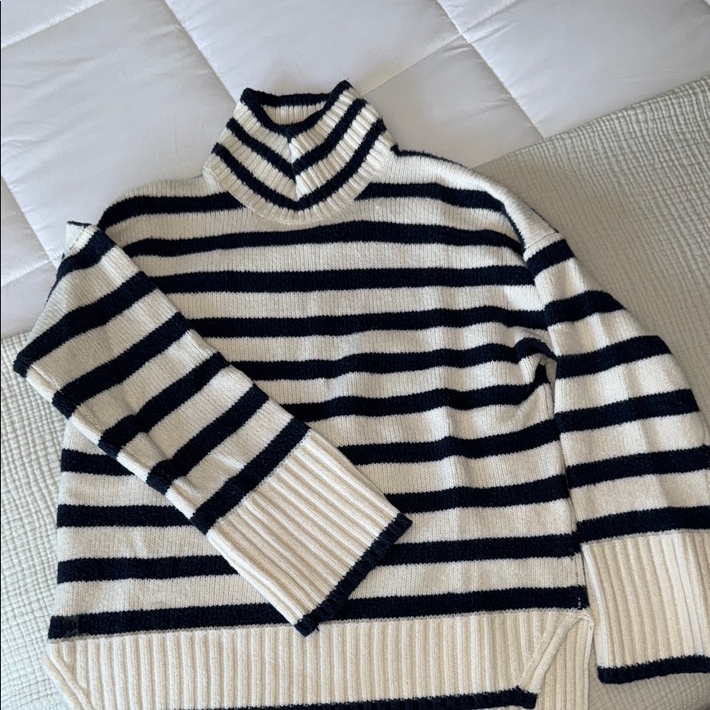 Striped Turtleneck Sweater - Navy and White